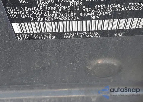 2015 Toyota Rav4 Limited z USA, uszkodzony, nr VIN 2T3DFREV8FW380704